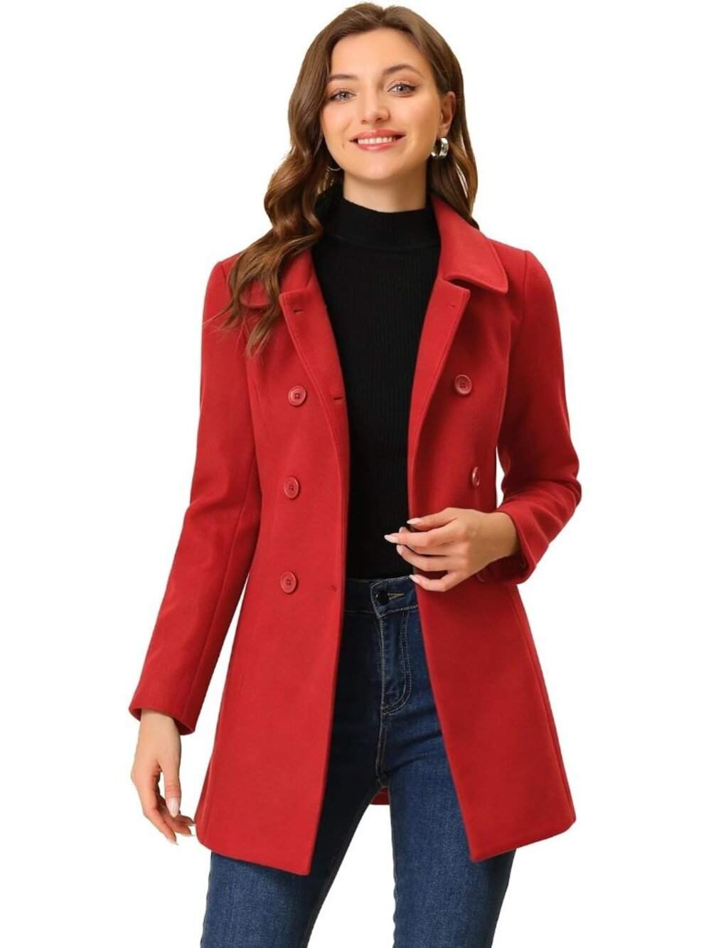 Women's Red Fully lined Peter Pan Collar Double Breasted Long Trench Pea Coat